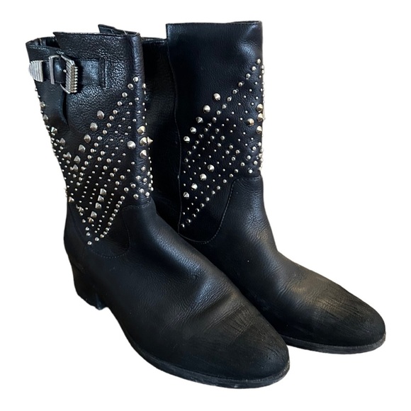 SCHUTZ black studded midi slip on leather boots - Picture 8 of 10